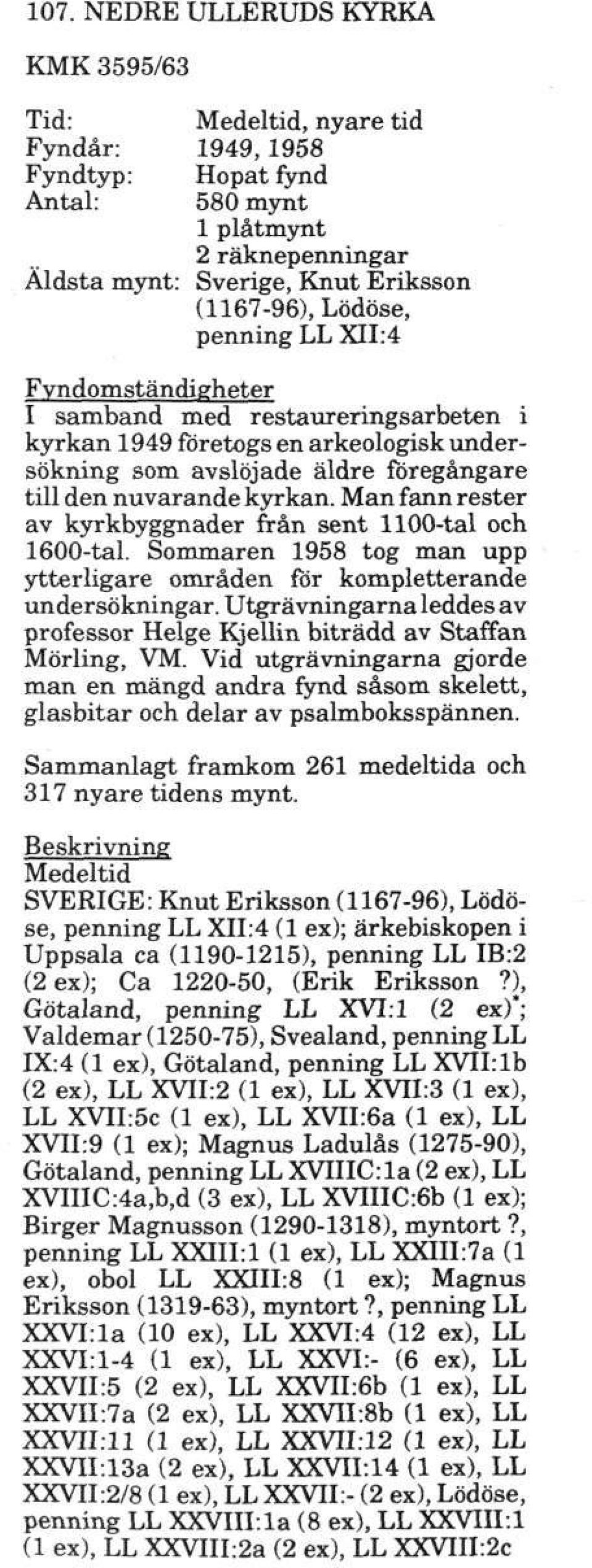 Man fann rester av kyrkbyggnader från sent 1100-tal och 1600-tal. Sommaren 1958 tog man upp ytterligare områden för kompletterande undersökningar.