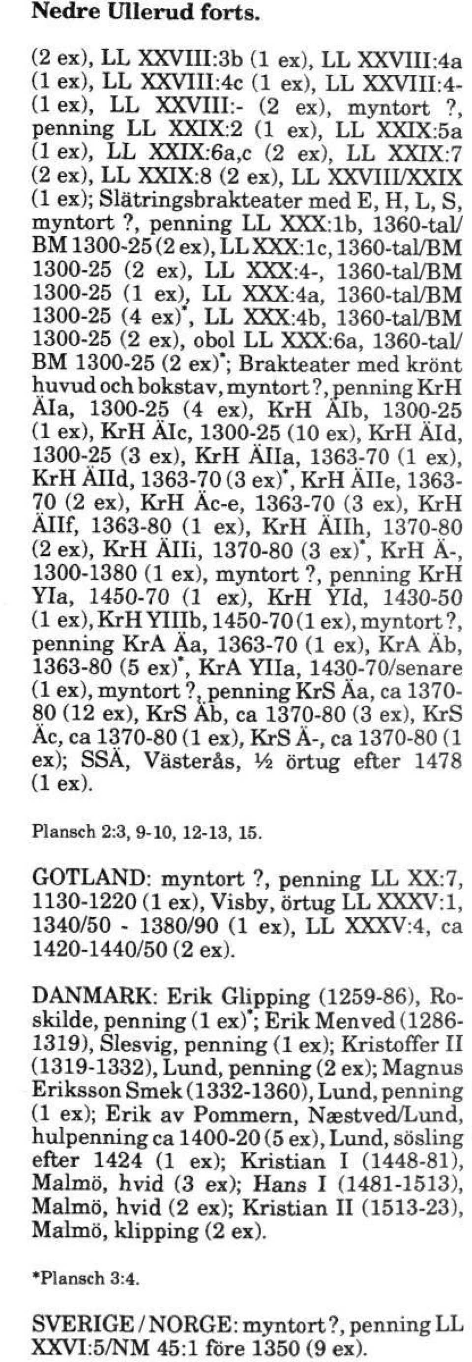 , penning LL XXX: Ib, 1360-tal/ BM1300-25 (2 ex), LLXXX:lc, 1360-tal/BM 1300-25 (2 ex), LL XXX:4-, 1360-tal/BM 1300-25 (1 ex), LL XXX:4a, 1360-tal/BM 1300-25 (4 ex)*, LL XXX:4b, 1360-tal/BM 1300-25