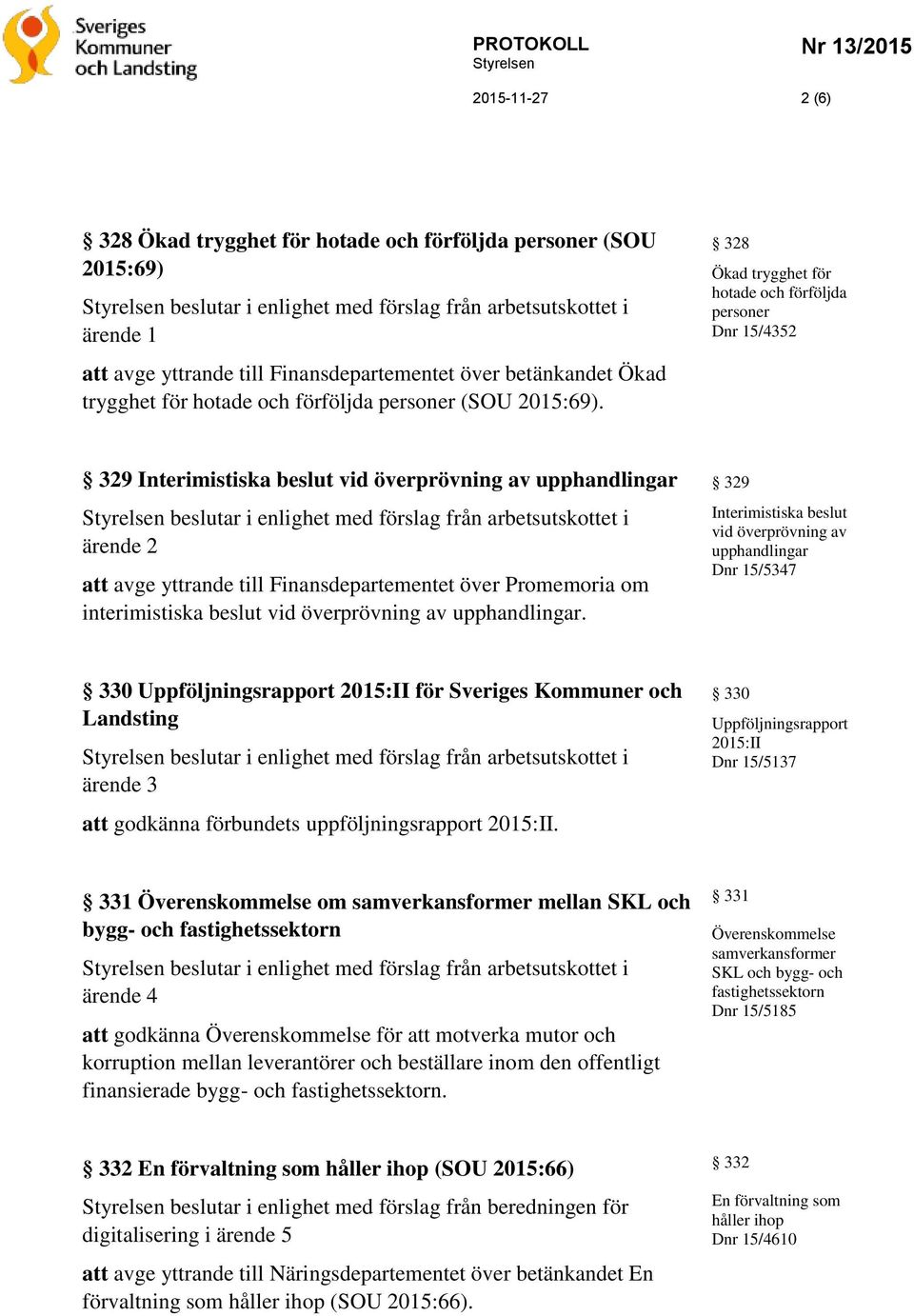 328 Ökad trygghet för hotade och förföljda personer Dnr 15/4352 329 Interimistiska beslut vid överprövning av upphandlingar beslutar i enlighet med förslag från arbetsutskottet i ärende 2 att avge