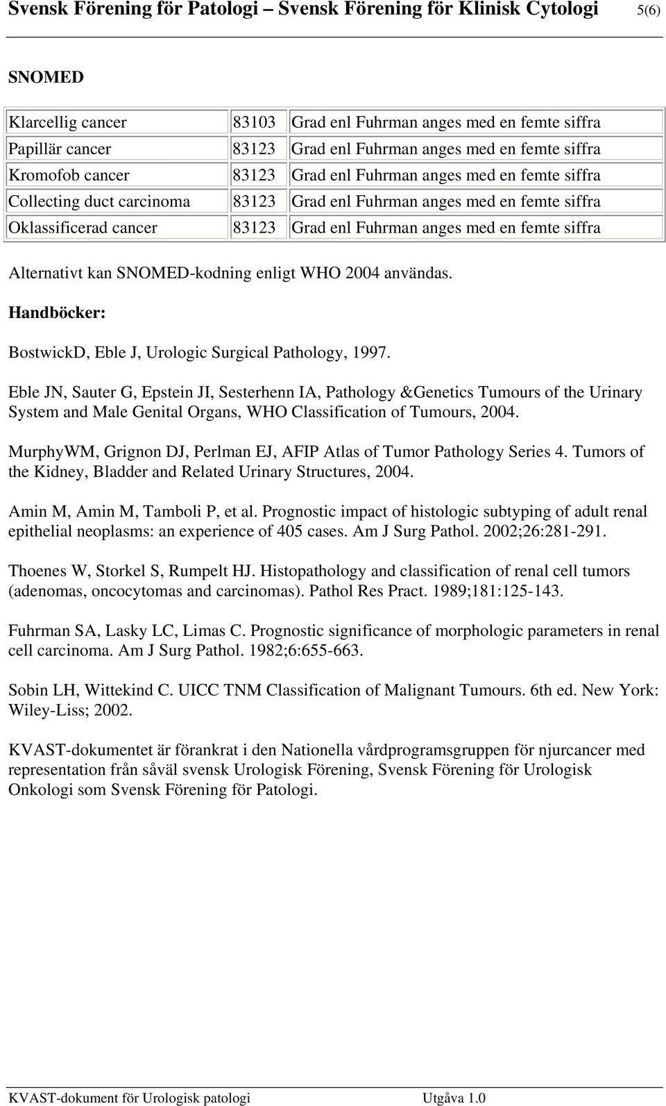 Eble JN, Sauter G, Epstein JI, Sesterhenn IA, Pathology &Genetics Tumours of the Urinary System and Male Genital Organs, WHO Classification of Tumours, 2004.