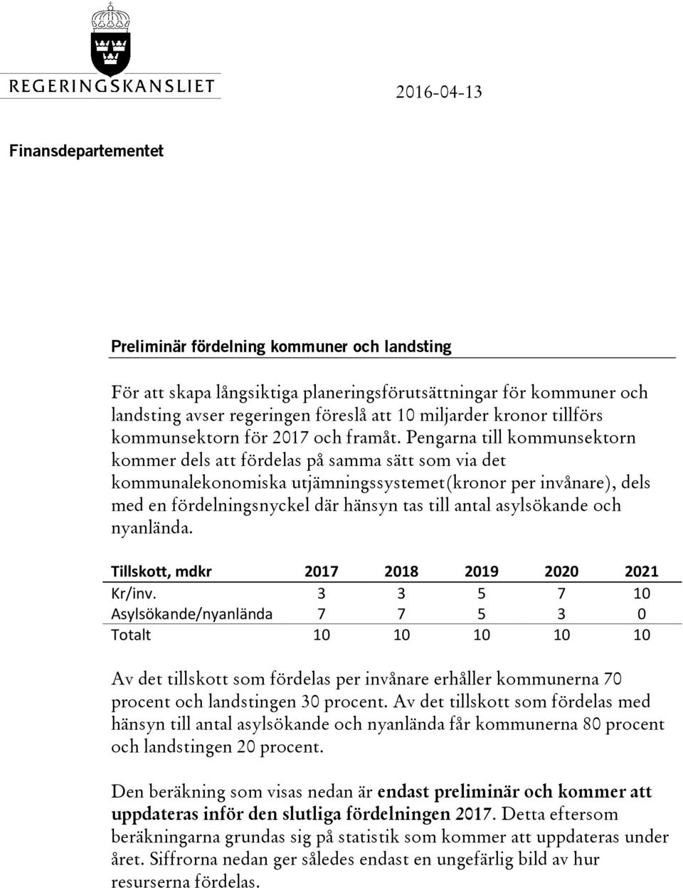 Pengarna till kommunsektorn kommer dels att fördelas på samma sätt som via det kommunalekonomiska utjämningssystemet(kronor per invånare), dels med en fördelningsnyckel där hänsyn tas till antal