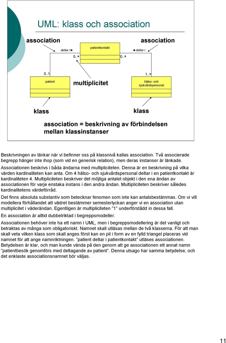 Två associerade begrepp hänger inte ihop (som vid en generisk relation), men deras instanser är länkade. Associationen beskrivs i båda ändarna med multipliciteten.
