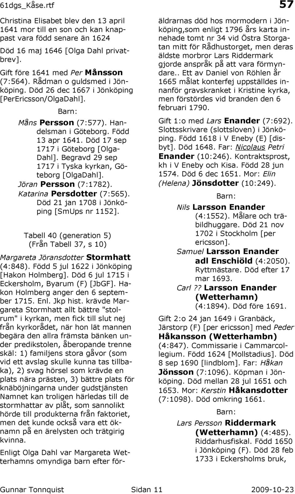 Begravd 29 sep 1717 i Tyska kyrkan, Göteborg [OlgaDahl]. Jöran Persson (7:1782). Katarina Persdotter (7:565). Död 21 jan 1708 i Jönköping [SmUps nr 1152].