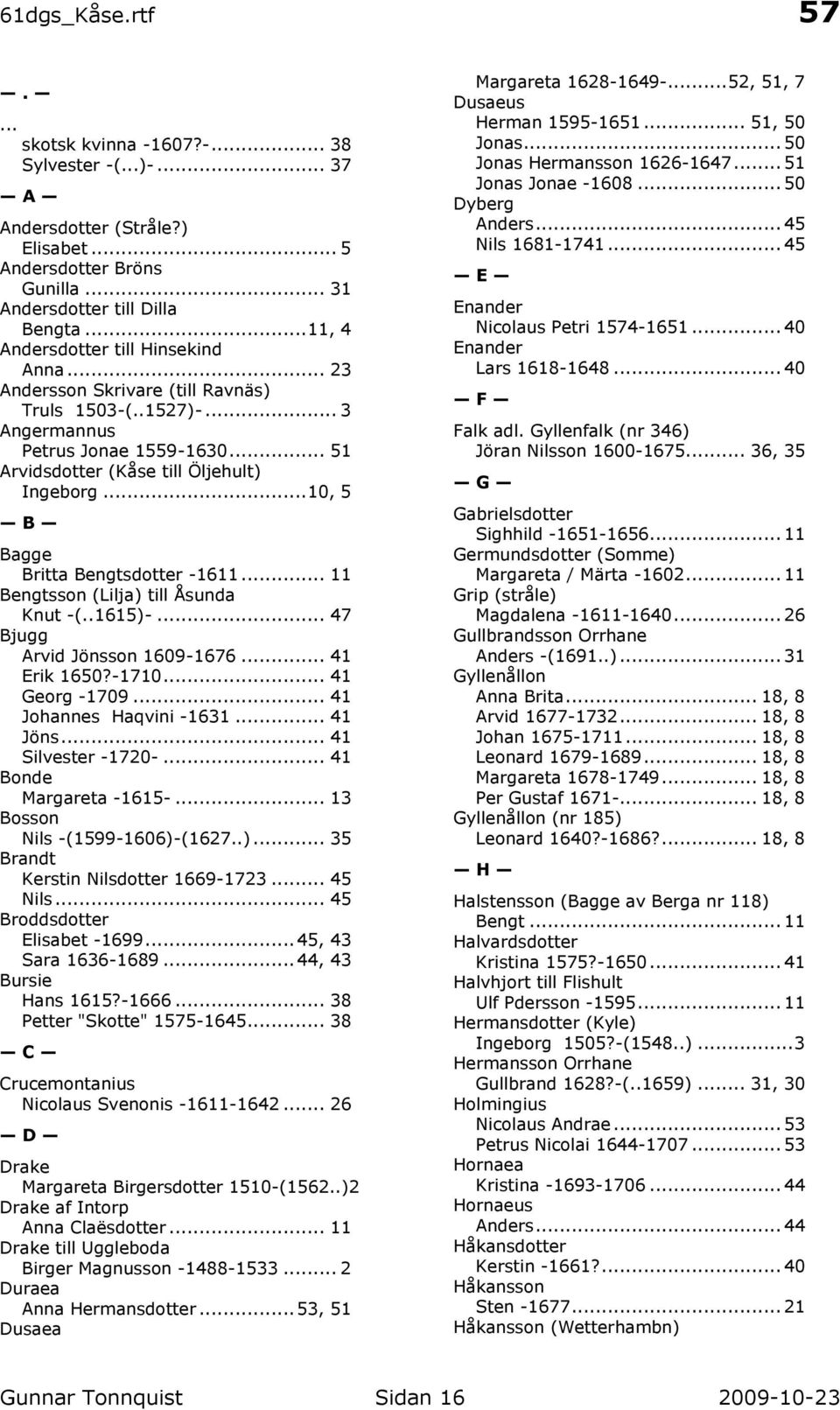 .. 11 Bengtsson (Lilja) till Åsunda Knut -(..1615)-... 47 Bjugg Arvid Jönsson 1609-1676... 41 Erik 1650?-1710... 41 Georg -1709... 41 Johannes Haqvini -1631... 41 Jöns... 41 Silvester -1720-.