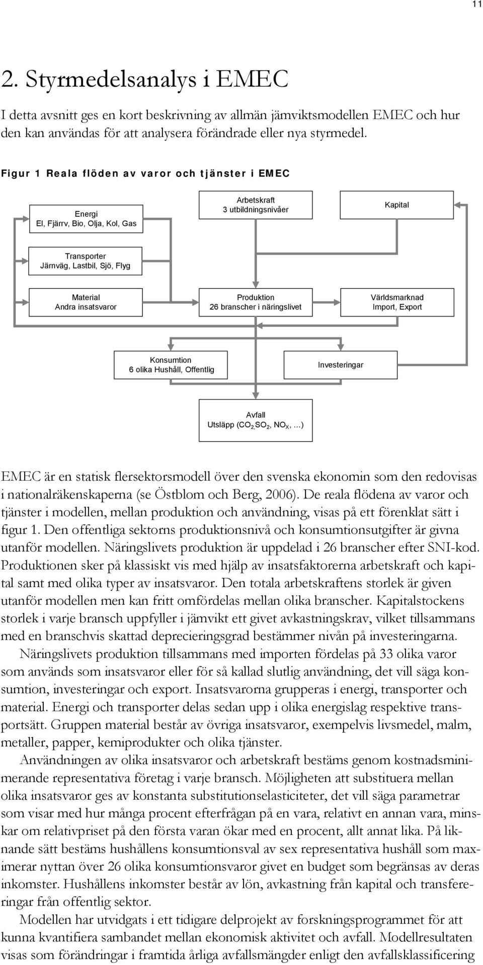 Produktion 26 branscher i näringslivet Världsmarknad Import, Export Konsumtion 6 olika Hushåll, Offentlig Investeringar Avfall Utsläpp (CO 2, SO 2, NO X, ) EMEC är en statisk flersektorsmodell över