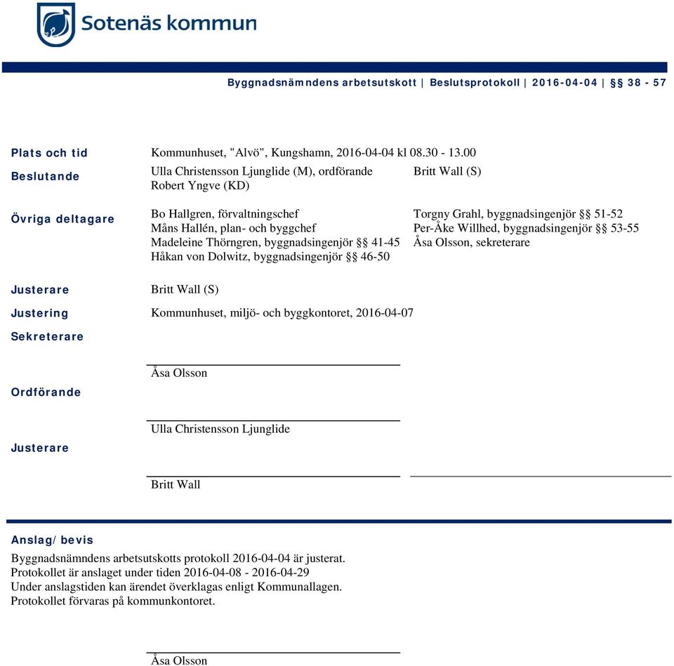 byggnadsingenjör 41-45 Håkan von Dolwitz, byggnadsingenjör 46-50 Torgny Grahl, byggnadsingenjör 51-52 Per-Åke Willhed, byggnadsingenjör 53-55 Åsa Olsson, sekreterare Justerare Britt Wall (S)