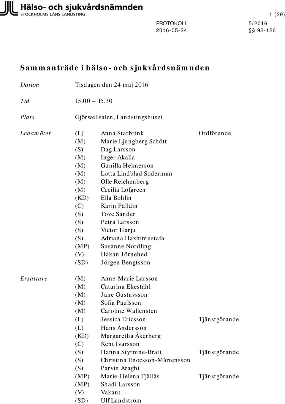 Reichenberg (M) Cecilia Löfgreen (KD) Ella Bohlin (C) Karin Fälldin (S) Tove Sander (S) Petra Larsson (S) Victor Harju (S) Adriana Haxhimustafa (MP) Susanne Nordling (V) Håkan Jörnehed (SD) Jörgen