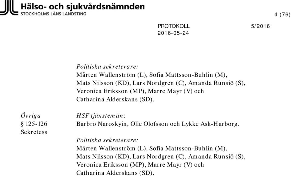 Övriga 125-126 Sekretess HSF tjänstemän: Barbro Naroskyin, Olle Olofsson och Lykke Ask-Harborg.