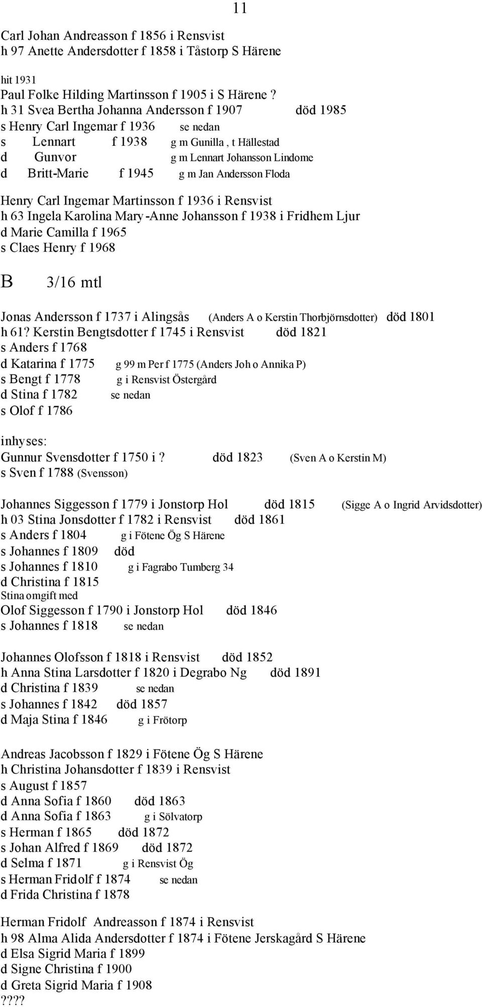 Andersson Floda Henry Carl Ingemar Martinsson f 1936 i Rensvist h 63 Ingela Karolina Mary-Anne Johansson f 1938 i Fridhem Ljur d Marie Camilla f 1965 s Claes Henry f 1968 B 3/16 mtl Jonas Andersson f