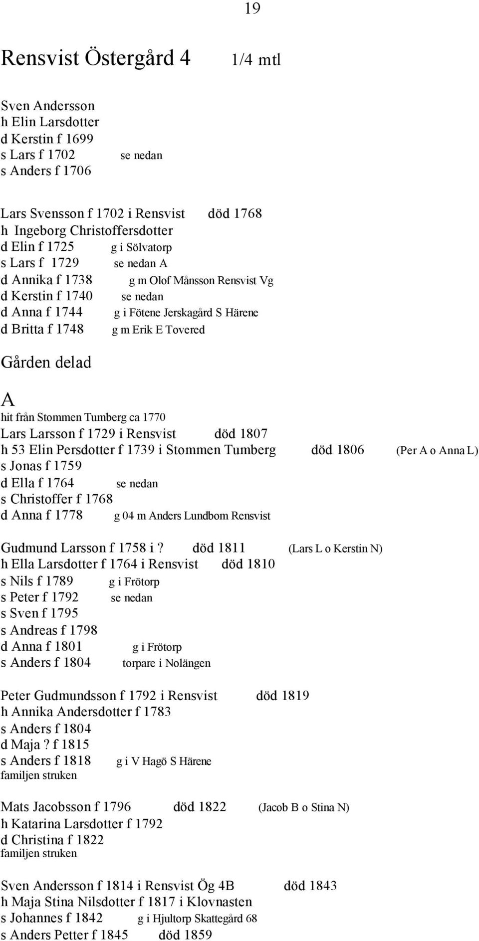 Gården delad A hit från Stommen Tumberg ca 1770 Lars Larsson f 1729 i Rensvist död 1807 h 53 Elin Persdotter f 1739 i Stommen Tumberg död 1806 (Per A o Anna L) s Jonas f 1759 d Ella f 1764 se nedan s