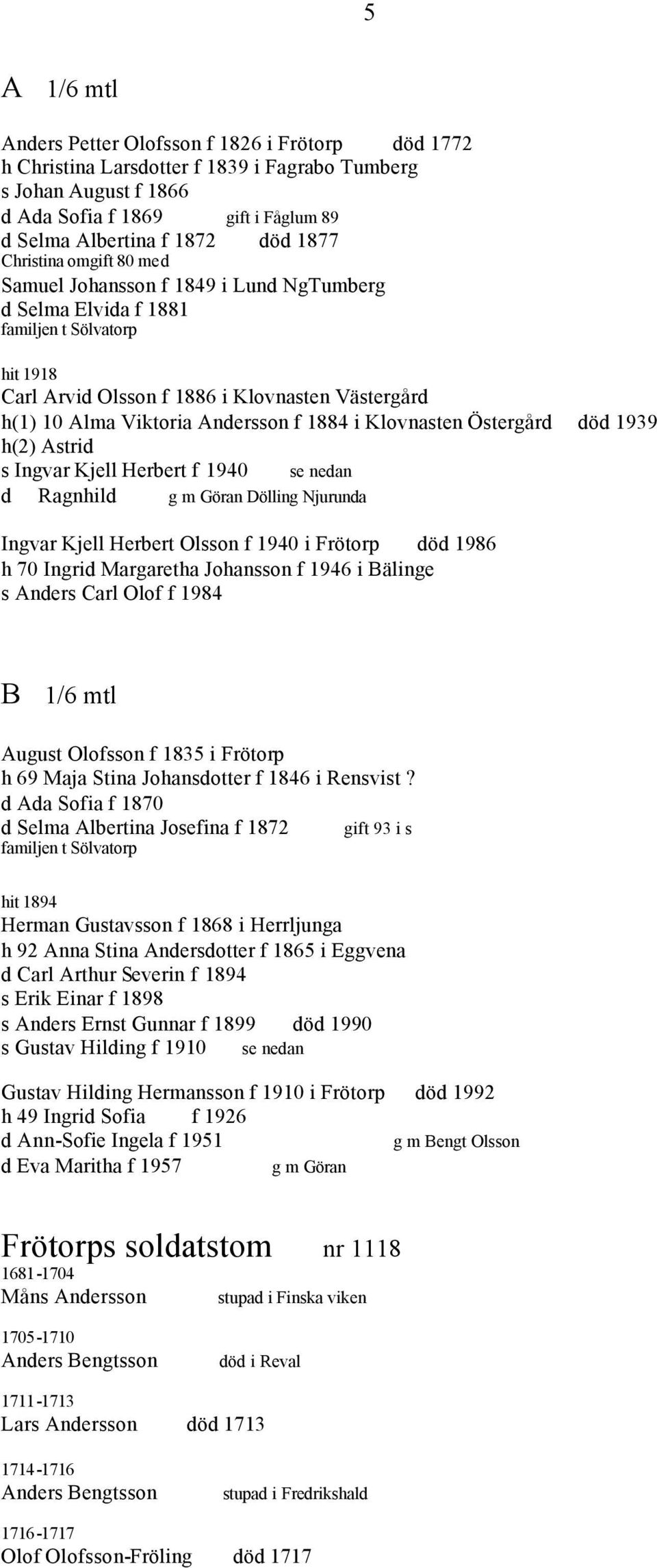 Andersson f 1884 i Klovnasten Östergård död 1939 h(2) Astrid s Ingvar Kjell Herbert f 1940 se nedan d Ragnhild g m Göran Dölling Njurunda Ingvar Kjell Herbert Olsson f 1940 i Frötorp död 1986 h 70