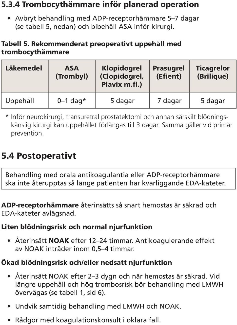 ) Prasugrel (Efient) Ticagrelor (Brilique) Uppehåll 0 1 dag* 5 dagar 7 dagar 5 dagar * Inför neurokirurgi, transuretral prostatektomi och annan särskilt blödningskänslig kirurgi kan uppehållet