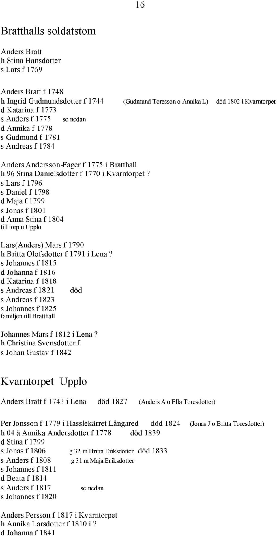 s Lars f 1796 s Daniel f 1798 d Maja f 1799 s Jonas f 1801 d Anna Stina f 1804 till torp u Upplo Lars(Anders) Mars f 1790 h Britta Olofsdotter f 1791 i Lena?