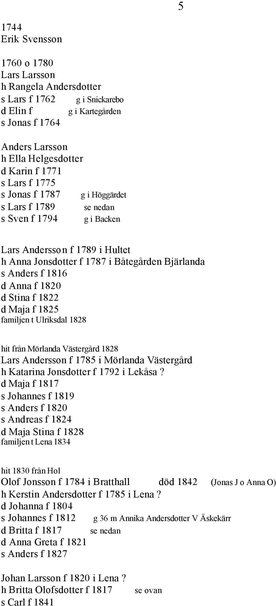 f 1822 d Maja f 1825 familjen t Ulriksdal 1828 hit från Mörlanda Västergård 1828 Lars Andersson f 1785 i Mörlanda Västergård h Katarina Jonsdotter f 1792 i Lekåsa?