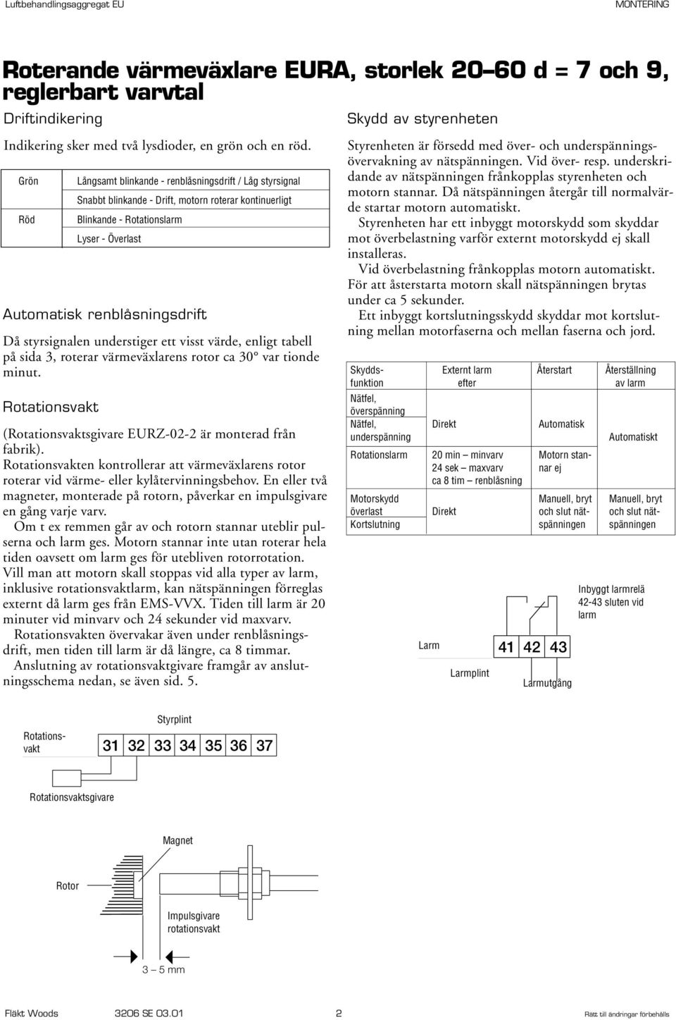 styrsignalen understiger ett visst värde, enligt tabell på sida 3, roterar värmeväxlarens rotor ca 30 var tionde minut. (sgivare EURZ-02-2 är monterad från fabrik).