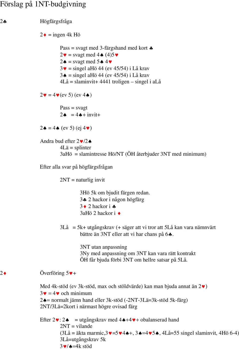 slamintresse Hö/NT (ÖH återbjuder 3NT med minimum) Efter alla svar på högfärgsfrågan 2NT = naturlig invit 3Hö 5k om bjudit färgen redan.