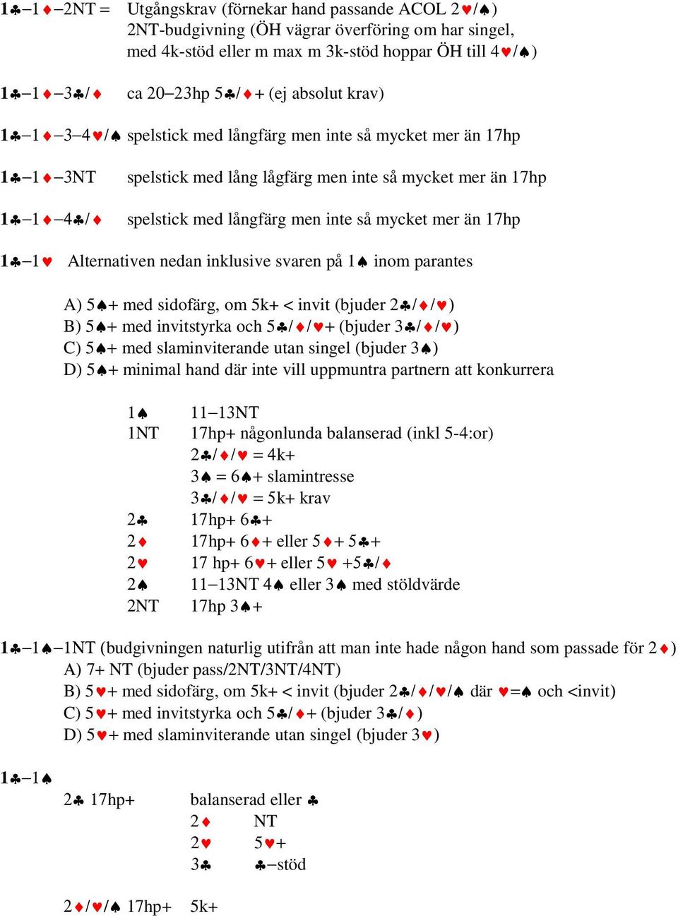 än 17hp 1 1 Alternativen nedan inklusive svaren på 1 inom parantes A) 5 + med sidofärg, om 5k+ < invit (bjuder 2 / / ) B) 5 + med invitstyrka och 5 / / + (bjuder 3 / / ) C) 5 + med slaminviterande