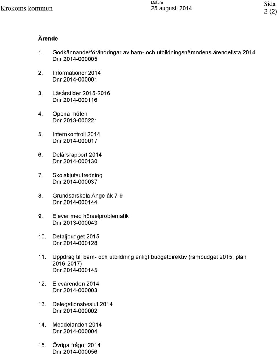 Grundsärskola Änge åk 7-9 Dnr 2014-000144 9. Elever med hörselproblematik Dnr 2013-000043 10. Detaljbudget 2015 Dnr 2014-000128 11.