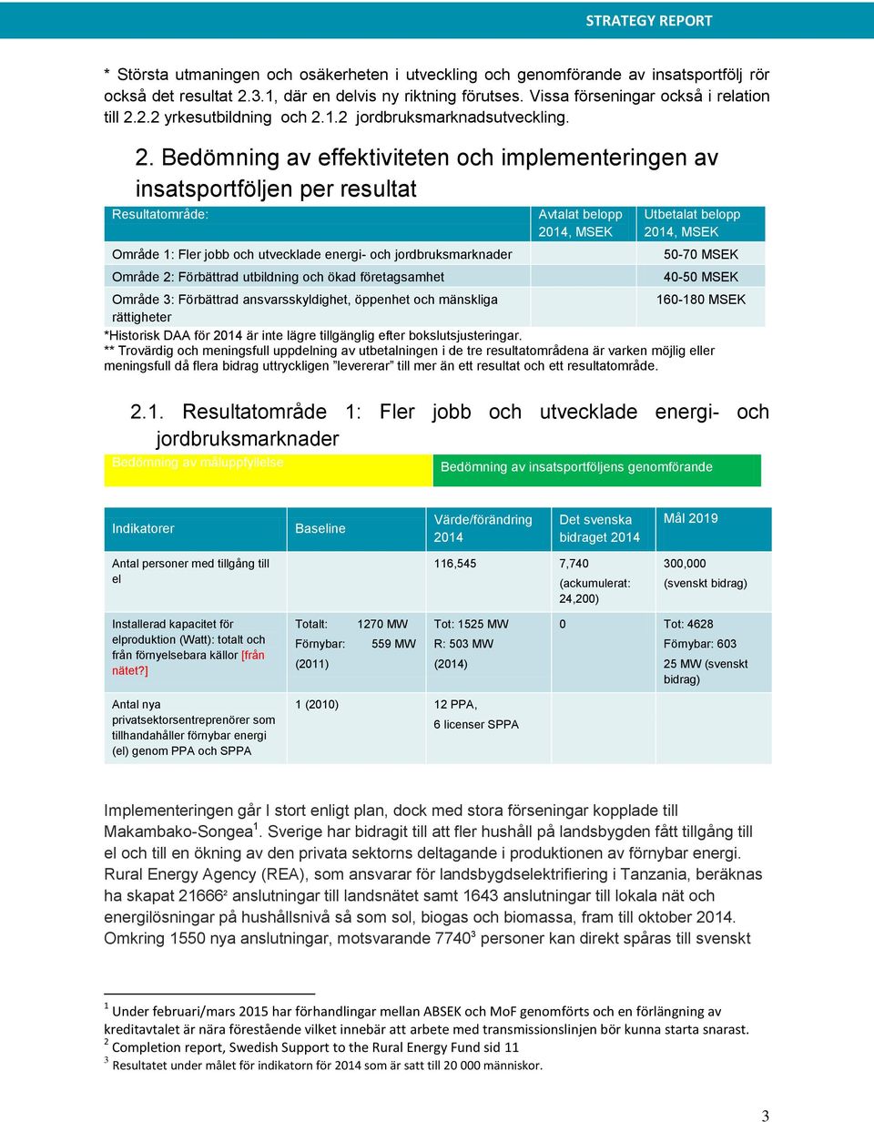 Bedömning av effektiviteten och implementeringen av insatsportföljen per resultat Resultatområde: Område 1: Fler jobb och utvecklade energi- och jordbruksmarknader Område 2: Förbättrad utbildning och