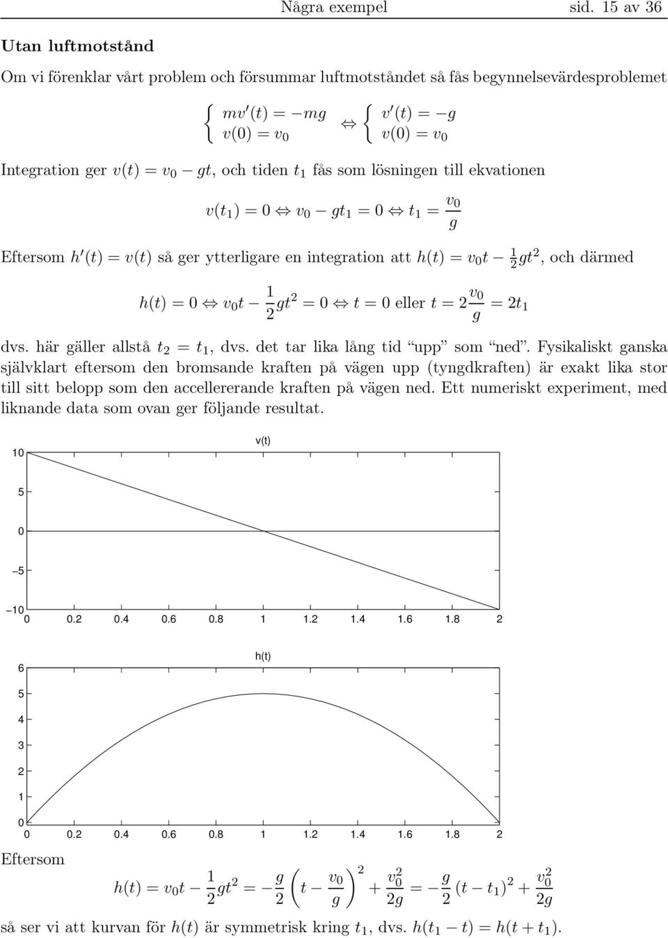 fås som lösningen till ekvationen v(t ) = v gt = t = v g Eftersom h (t) = v(t) så ger ytterligare en integration att h(t) = v t 2 gt2, och därmed h(t) = v t 2 gt2 = t = eller t = 2 v g = 2t dvs.