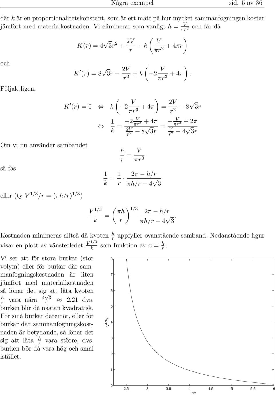 K (r) = Om vi nu använder sambandet så fås eller (ty V /3 /r = (πh/r) /3 ) ( k 2 V ) πr 3 + 4π = 2V r 2 8 3r k = 2 V πr + 4π 3 2V 8 3r = V πr + 2π 3 V 4 3r r 2 r 2 k = r h r = V πr 3 2π h/r πh/r 4 3