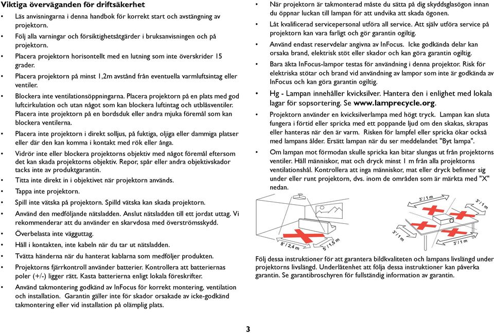 Placera projektorn på minst 1,2m avstånd från eventuella varmluftsintag eller ventiler. Blockera inte ventilationsöppningarna.