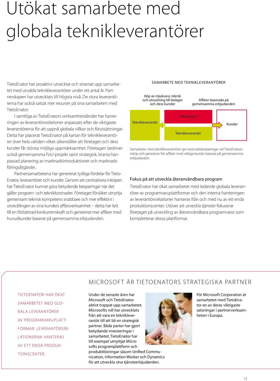 I samtliga av TietoEnators verksamhetsländer har hanteringen av leverantörsrelationer anpassats efter de viktigaste leverantörerna för att uppnå globala villkor och förutsättningar.