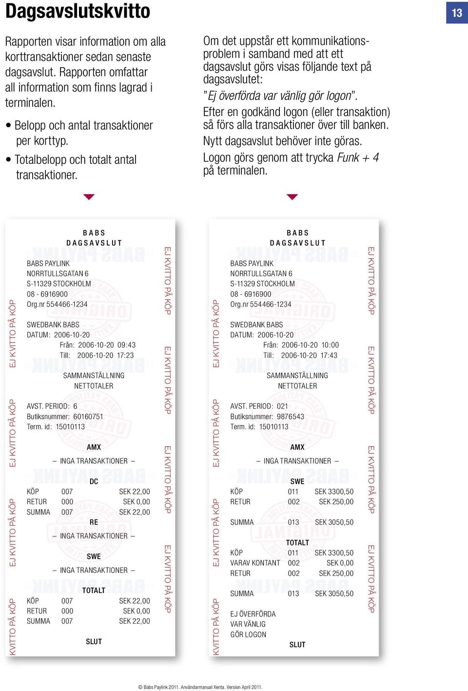 Om det uppstår ett kommunikationsproblem i samband med att ett dagsavslut görs visas följande text på dagsavslutet: Ej överförda var vänlig gör logon.