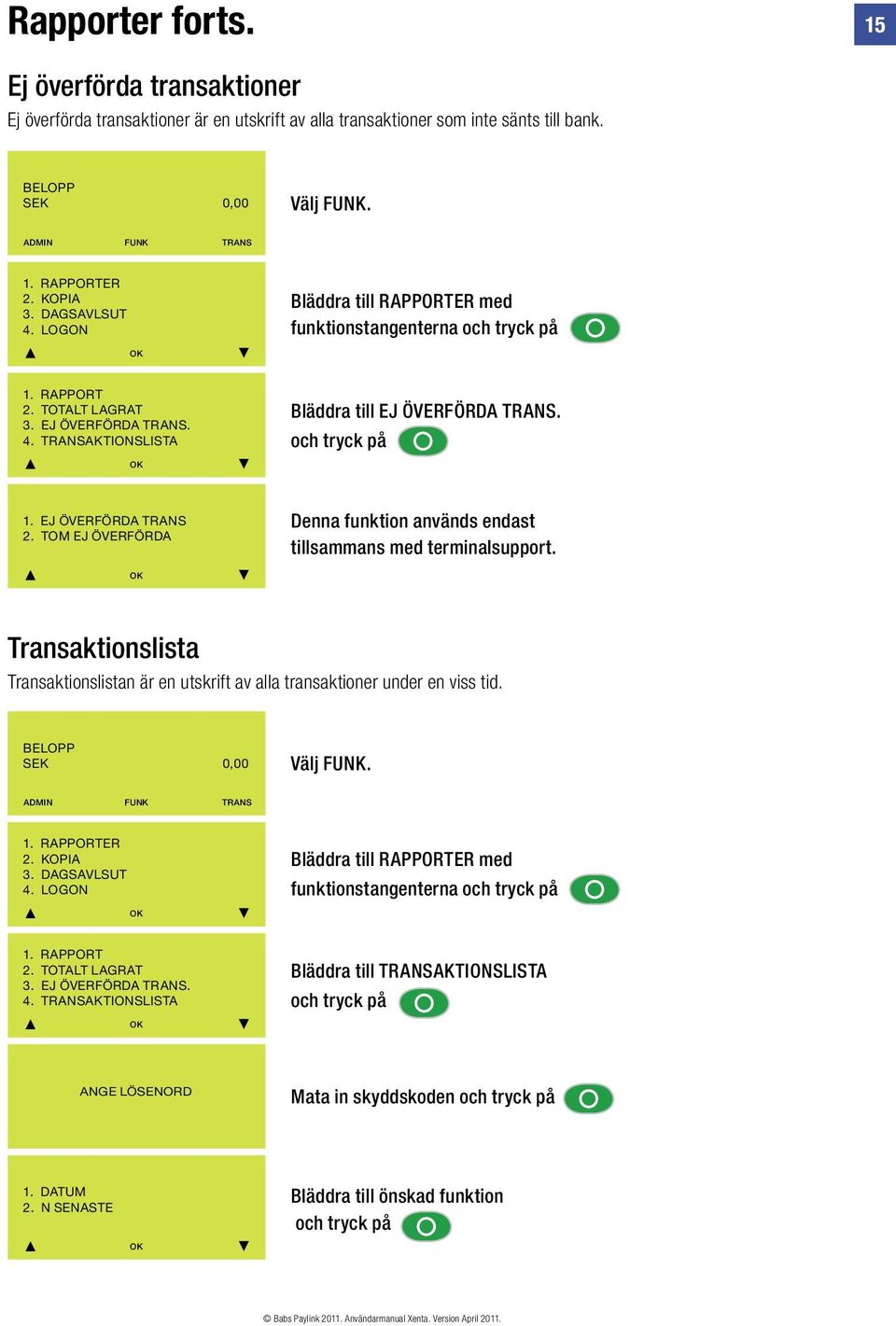 TOM EJ ÖVERFÖRDA Denna funktion används endast tillsammans med terminalsupport. Transaktionslista Transaktionslistan är en utskrift av alla transaktioner under en viss tid. Välj FUNK. 1. RAPPORTER 2.