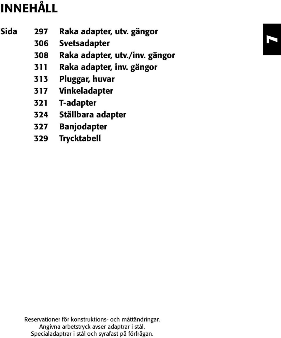 gängor 313 Pluggar, huvar 31 Vinkeladapter 1 T-adapter 4 Ställbara adapter 3