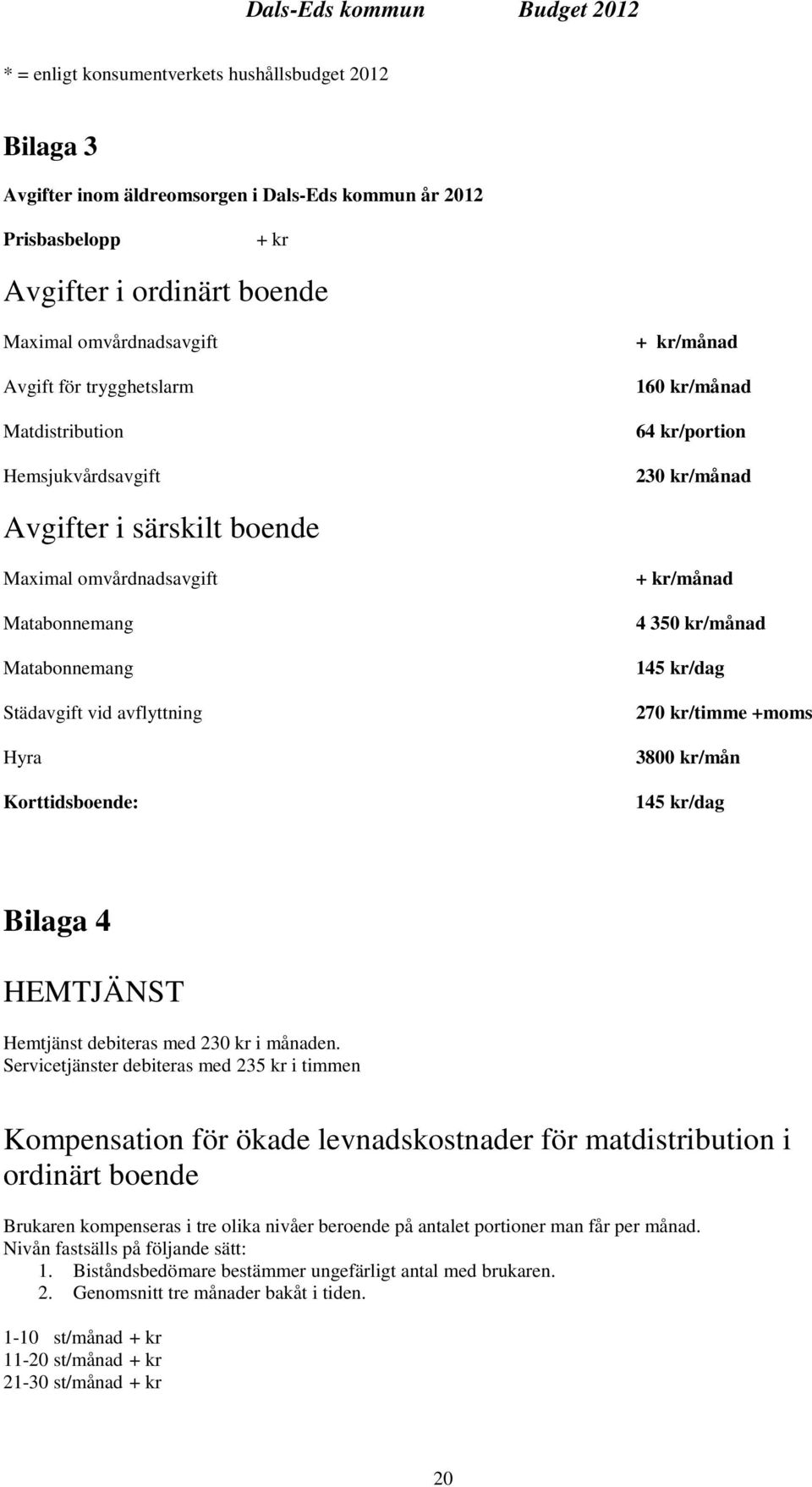 avflyttning Hyra Korttidsboende: + kr/månad 4 350 kr/månad 145 kr/dag 270 kr/timme +moms 3800 kr/mån 145 kr/dag Bilaga 4 HEMTJÄNST Hemtjänst debiteras med 230 kr i månaden.