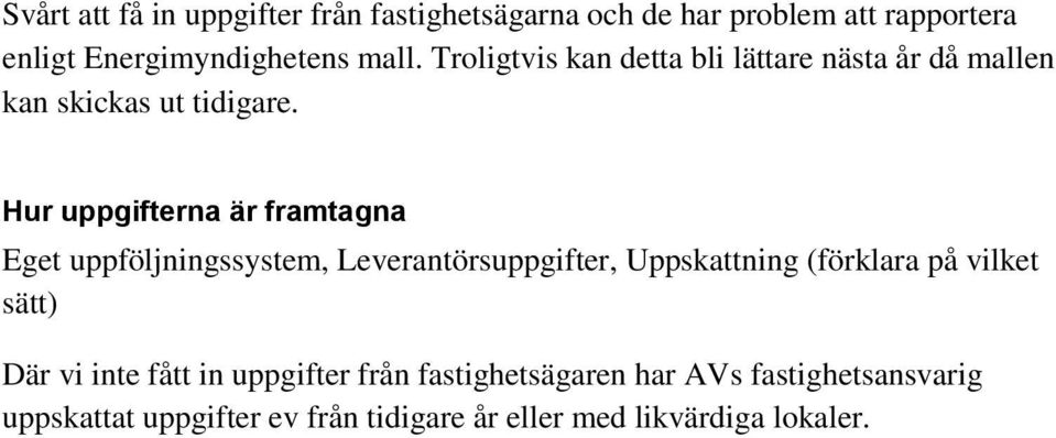 Hur uppgifterna är framtagna Eget uppföljningssystem, Leverantörsuppgifter, Uppskattning (förklara på vilket