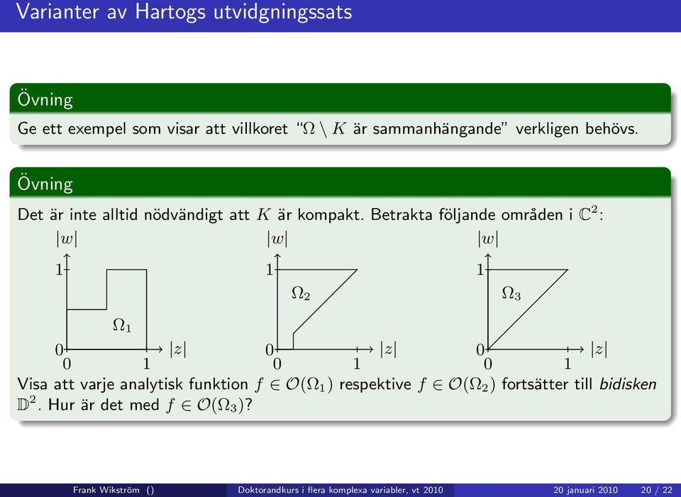 Betrakta följande områden i C 2 : w w w 1 Ω 1 0 0 1 z 1 Ω 2 0 0 1 z 0 0 1 Visa att varje analytisk funktion f O(Ω 1)