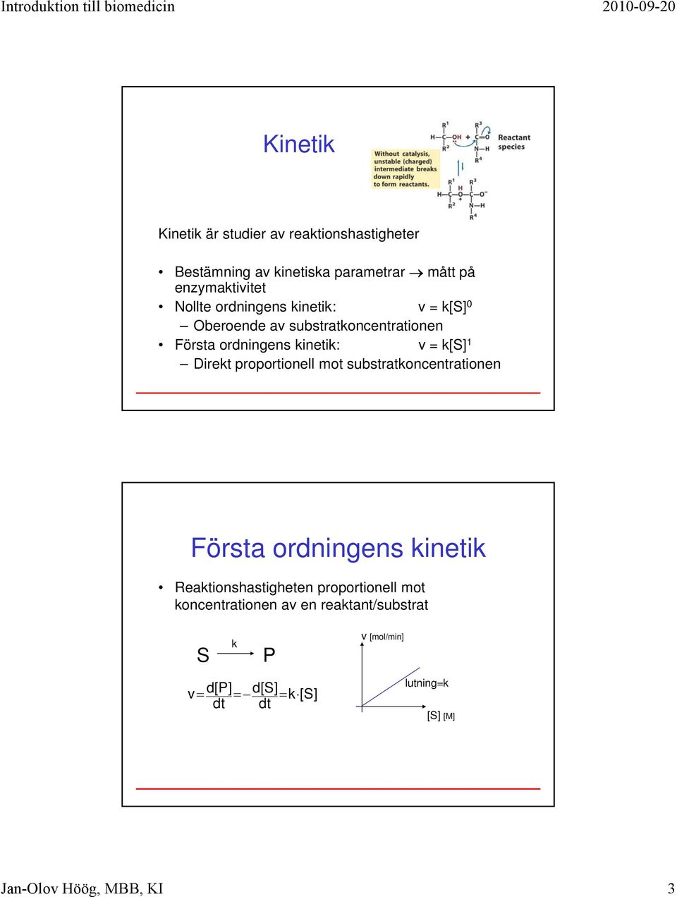 Direkt proportionell mot substratkoncentrationen Första ordningens kinetik Reaktionshastigheten proportionell mot