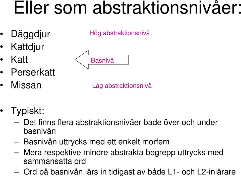 både över och under basnivån Basnivån uttrycks med ett enkelt morfem Mera respektive