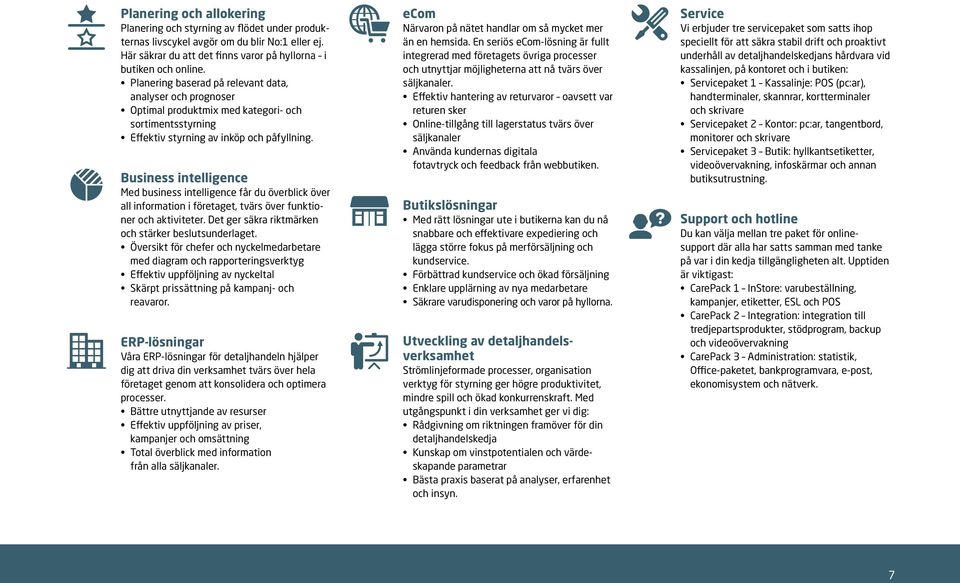 Business intelligence Med business intelligence får du överblick över all information i företaget, tvärs över funktioner och aktiviteter. Det ger säkra riktmärken och stärker beslutsunderlaget.