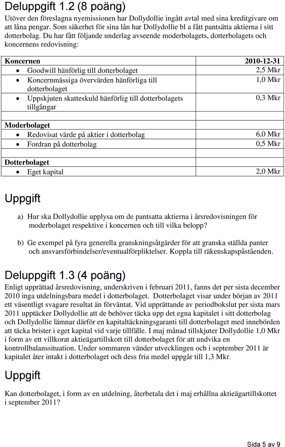 Du har fått följande underlag avseende moderbolagets, dotterbolagets och koncernens redovisning: Koncernen 2010-12-31 Goodwill hänförlig till dotterbolaget 2,5 Mkr Koncernmässiga övervärden