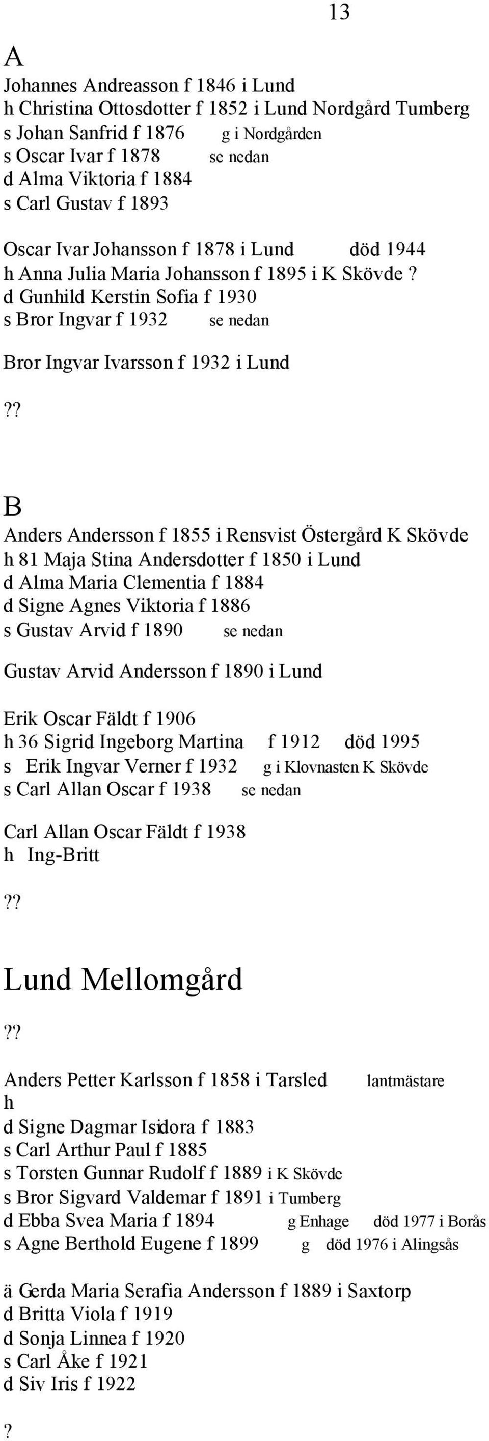 ? B Anders Andersson f 1855 i Rensvist Östergård K Skövde h 81 Maja Stina Andersdotter f 1850 i Lund d Alma Maria Clementia f 1884 d Signe Agnes Viktoria f 1886 s Gustav Arvid f 1890 se nedan Gustav