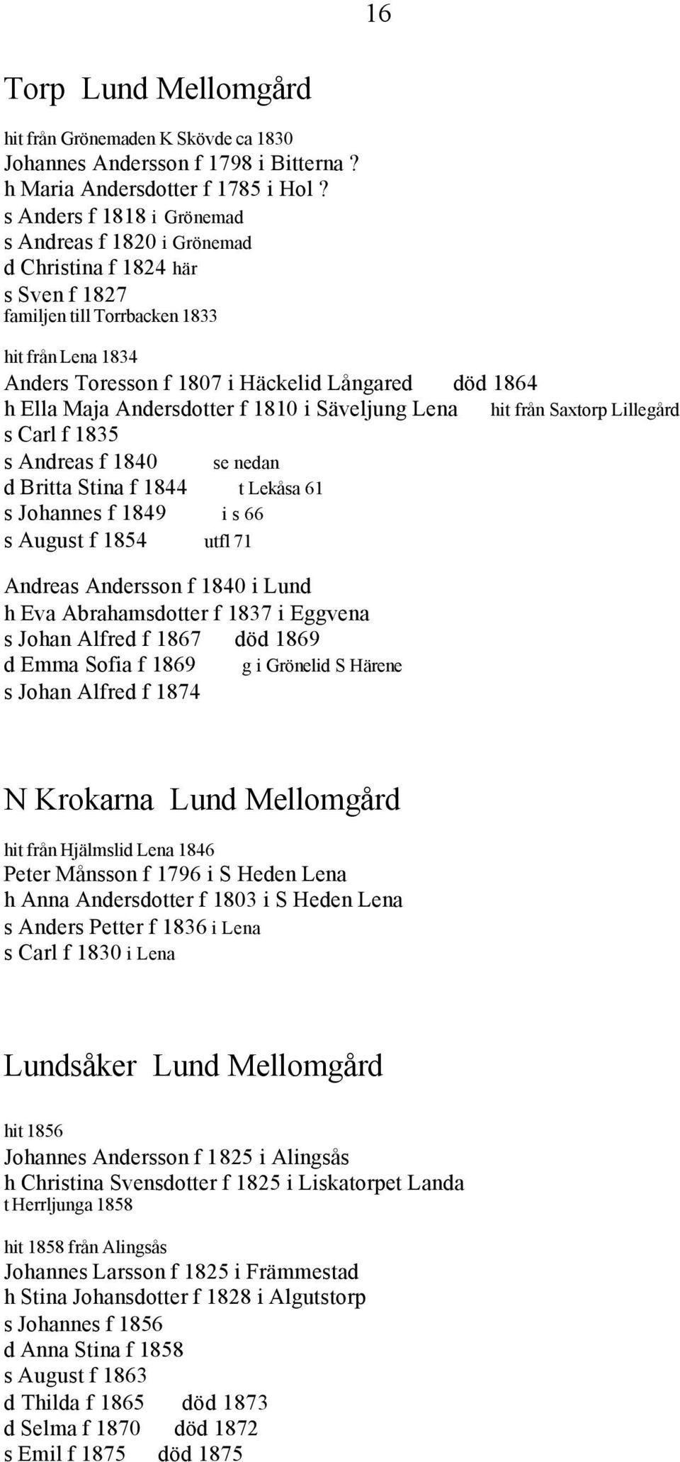 Maja Andersdotter f 1810 i Säveljung Lena hit från Saxtorp Lillegård s Carl f 1835 s Andreas f 1840 se nedan d Britta Stina f 1844 t Lekåsa 61 s Johannes f 1849 i s 66 s August f 1854 utfl 71 Andreas