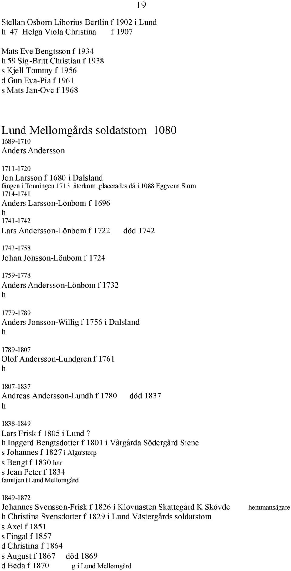 Larsson-Lönbom f 1696 h 1741-1742 Lars Andersson-Lönbom f 1722 död 1742 1743-1758 Johan Jonsson-Lönbom f 1724 1759-1778 Anders Andersson-Lönbom f 1732 h 1779-1789 Anders Jonsson-Willig f 1756 i