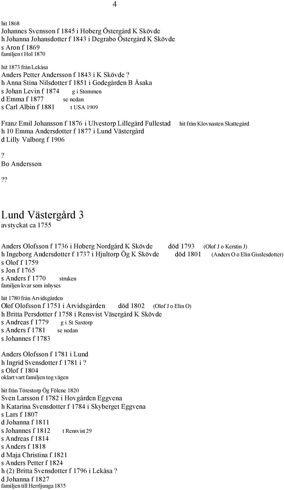 h Anna Stina Nilsdotter f 1851 i Godegården B Åsaka s Johan Levin f 1874 g i Stommen d Emma f 1877 se nedan s Carl Albin f 1881 t USA 1909 Franz Emil Johansson f 1876 i Ulvestorp Lillegård Fullestad