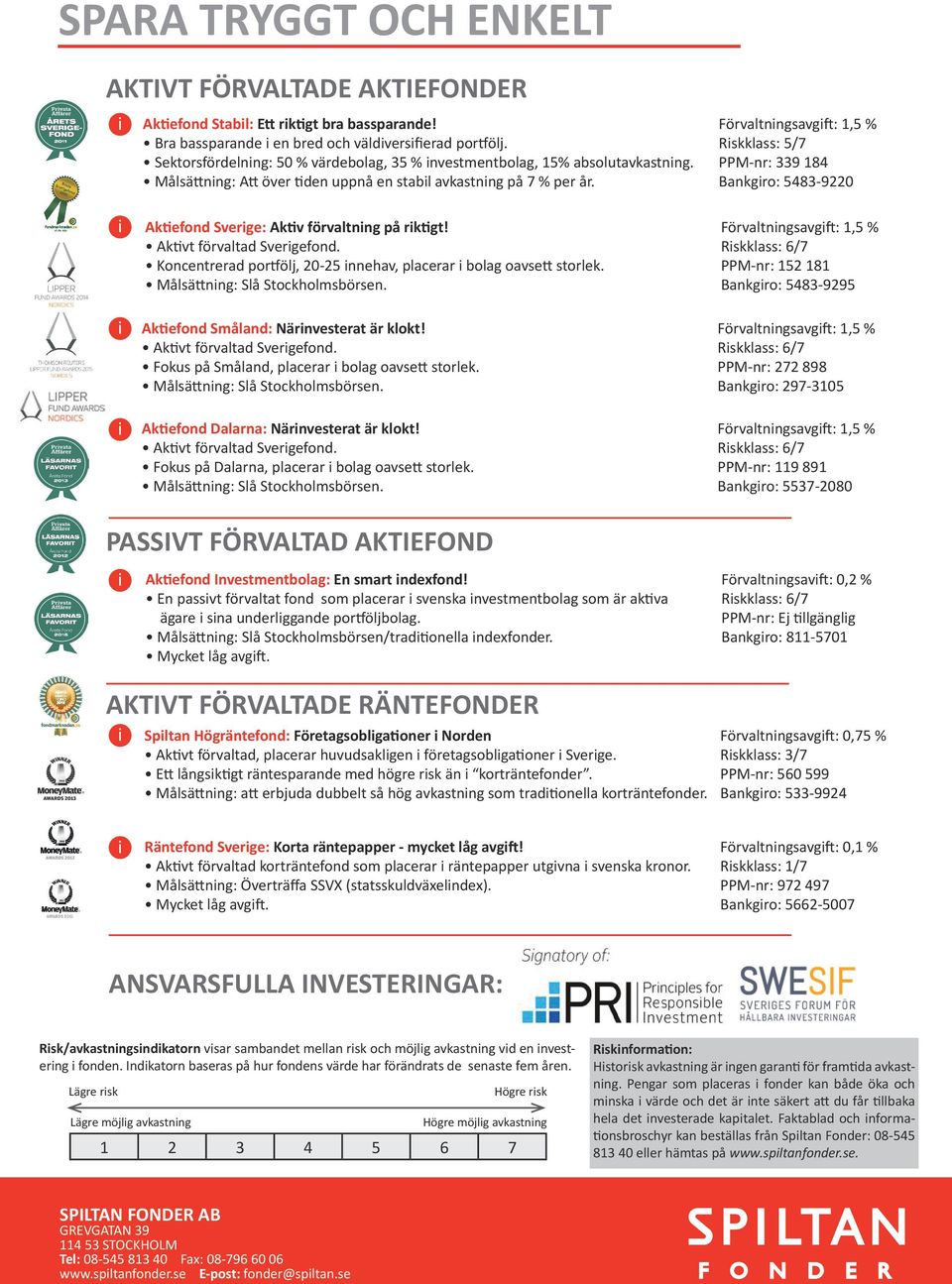 Bankgro: 5483-9220 Aktefond Sverge: Aktv förvaltnng på rktgt! 1,5 % Aktvt förvaltad Svergefond. Rskklass: 6/7 Koncentrerad portfölj, 20-25 nnehav, placerar bolag oavsett storlek.