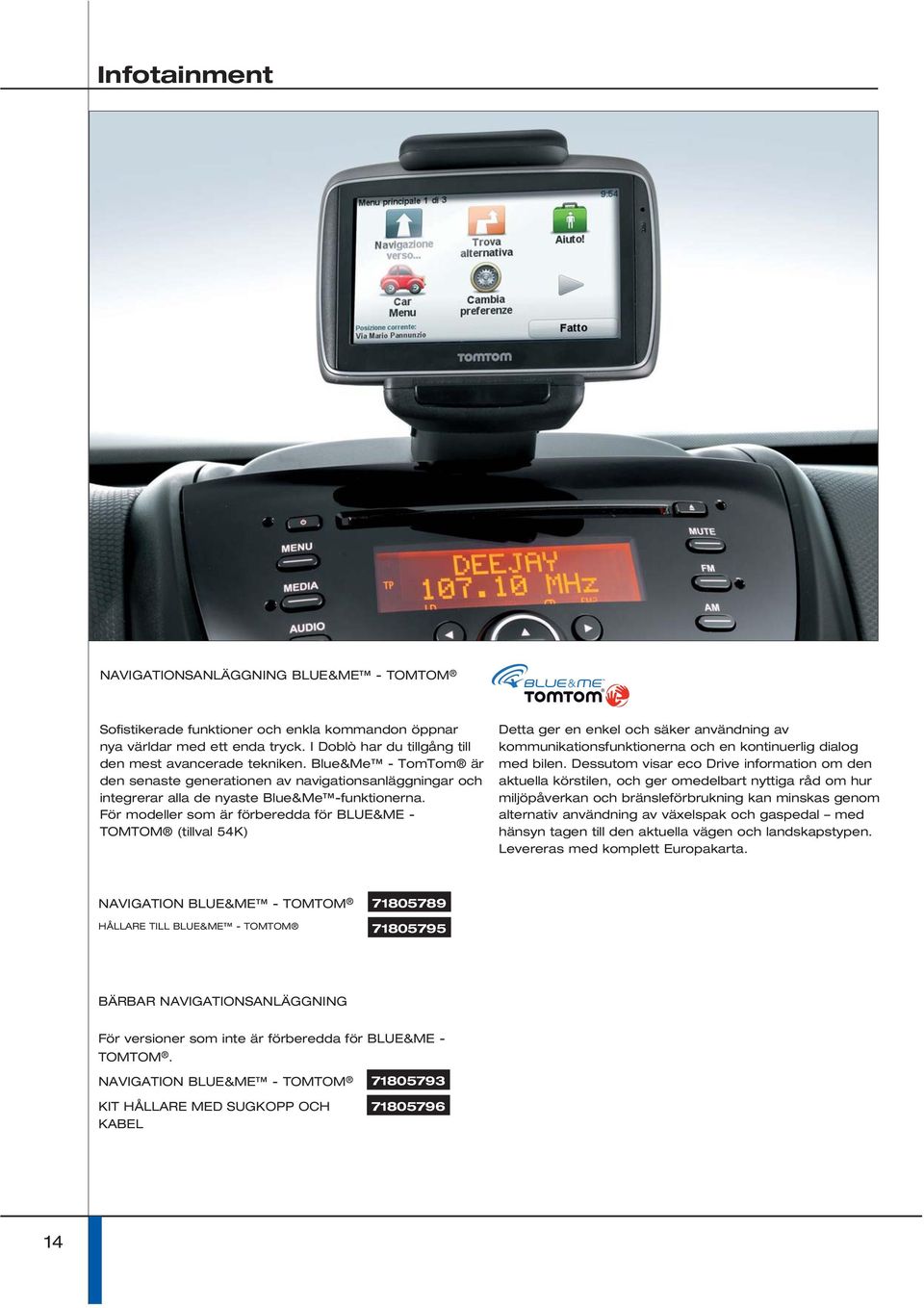 För modeller som är förberedda för BLUE&ME - TOMTOM (tillval 54K) Detta ger en enkel och säker användning av kommunikationsfunktionerna och en kontinuerlig dialog med bilen.