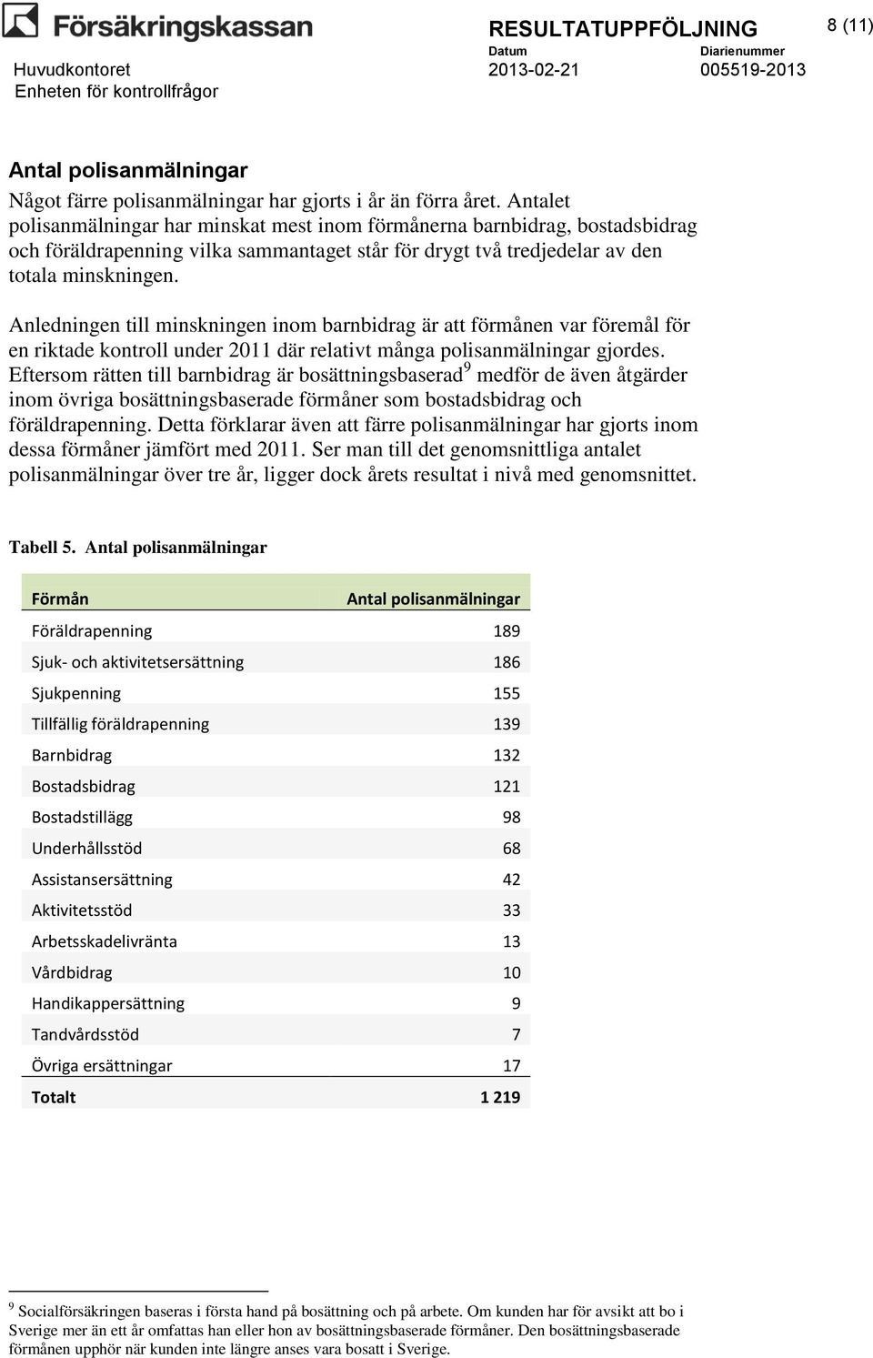 Anledningen till minskningen inom barnbidrag är att förmånen var föremål för en riktade kontroll under 2011 där relativt många polisanmälningar gjordes.