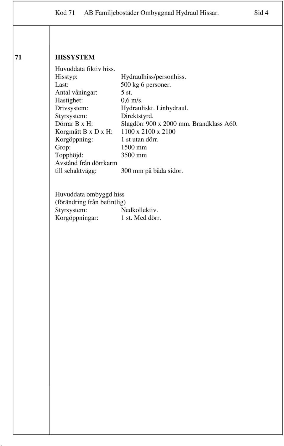 2000 mm Brandklass A60 Korgmått B x D x H: 1100 x 2100 x 2100 Korgöppning: 1 st utan dörr Grop: 1500 mm Topphöjd: 3500 mm Avstånd från