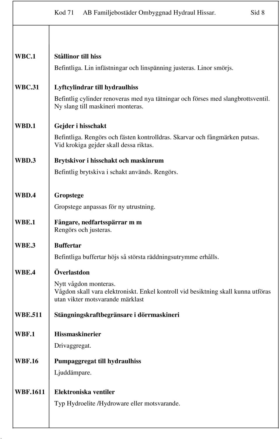 putsas Vid krokiga gejder skall dessa riktas Brytskivor i hisschakt och maskinrum Befintlig brytskiva i schakt används Rengörs WBD4 WBE1 WBE3 WBE4 WBE511 WBF1 WBF16 Gropstege Gropstege anpassas för