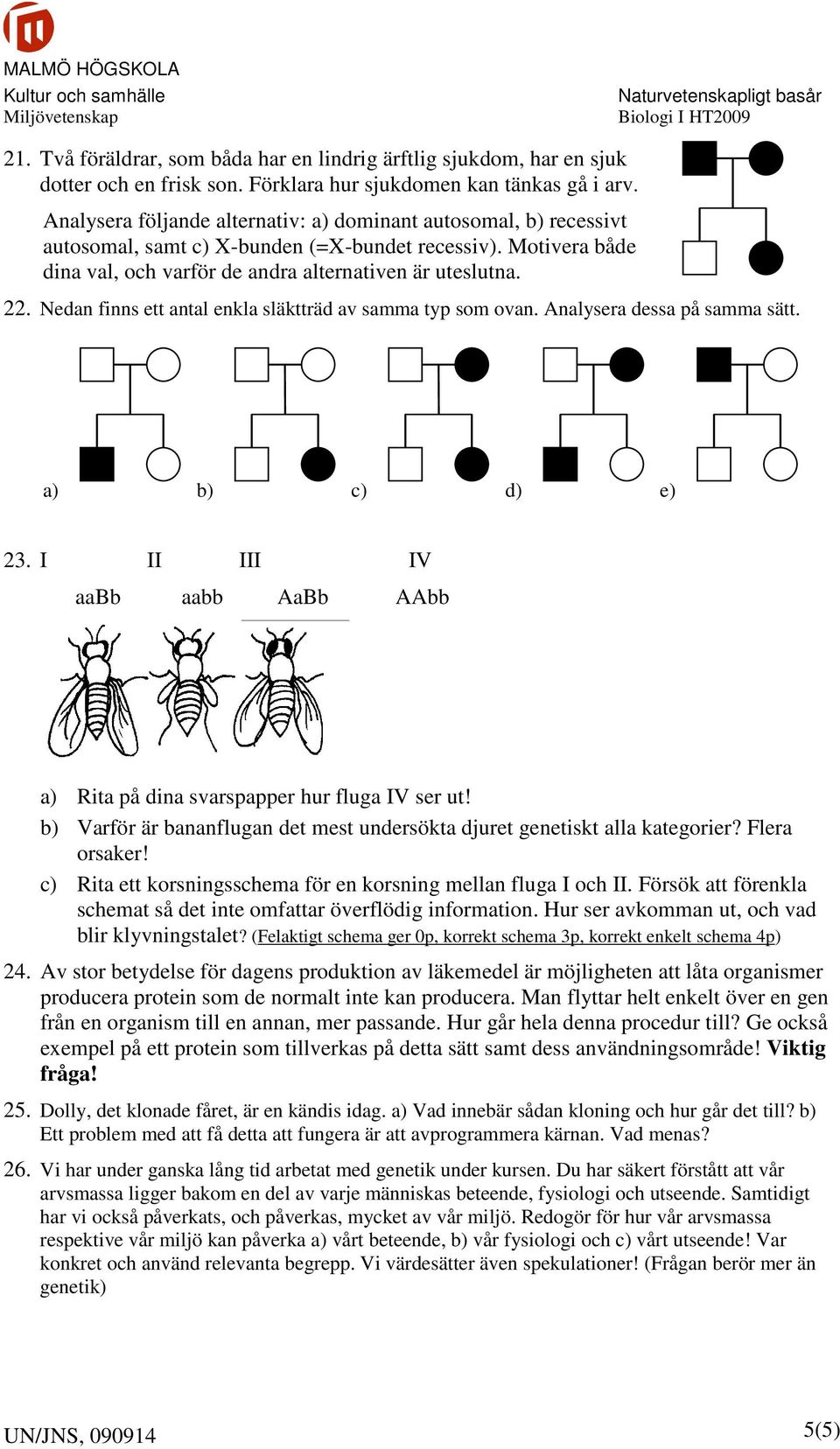 Nedan finns ett antal enkla släktträd av samma typ som ovan. Analysera dessa på samma sätt. a) b) c) d) e) 23. I II III IV aabb aabb AaBb AAbb a) Rita på dina svarspapper hur fluga IV ser ut!