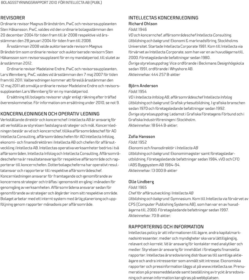 Årsstämman 2008 valde auktoriserade revisorn Magnus Brändström som ordinarie revisor och auktoriserade revisorn Sten Håkansson som revisorssuppleant för en ny mandatperiod, till slutet av årsstämman