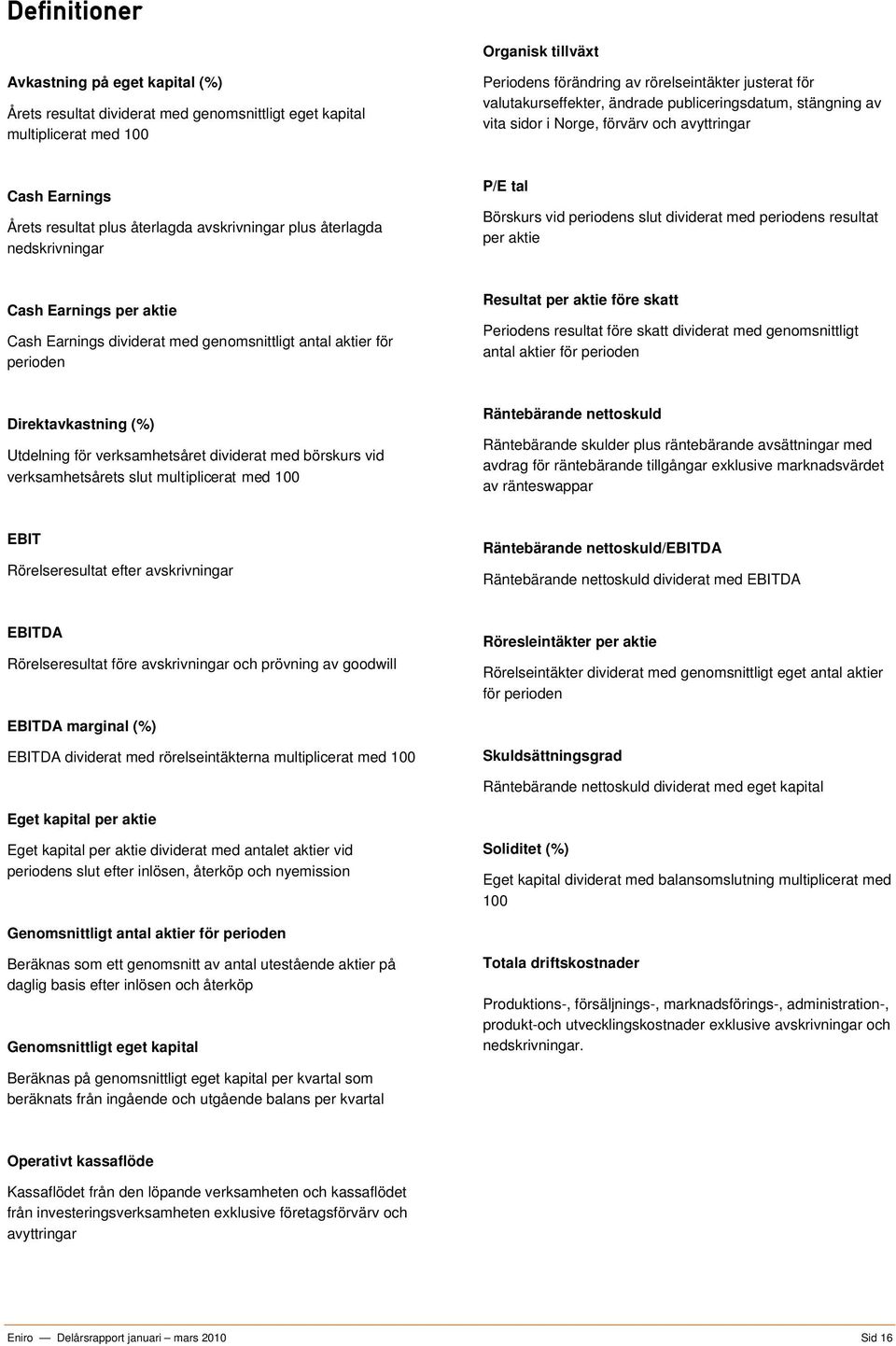 Börskurs vid periodens slut dividerat med periodens resultat per aktie Cash Earnings per aktie Cash Earnings dividerat med genomsnittligt antal aktier för perioden Resultat per aktie före skatt