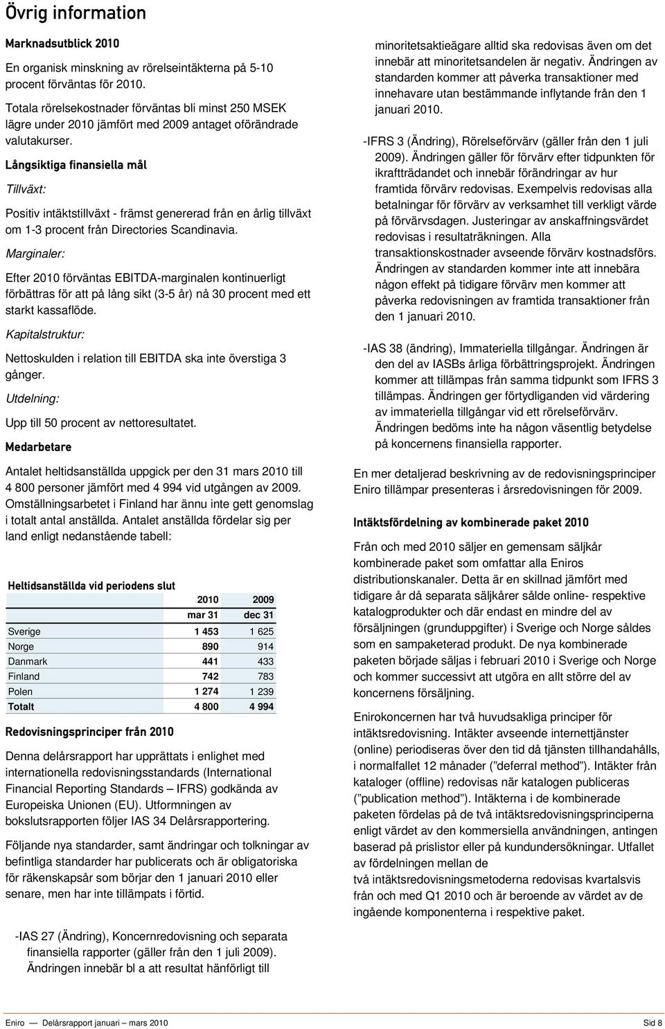 Långsiktiga finansiella mål Tillväxt: Positiv intäktstillväxt - främst genererad från en årlig tillväxt om 1-3 procent från Directories Scandinavia.